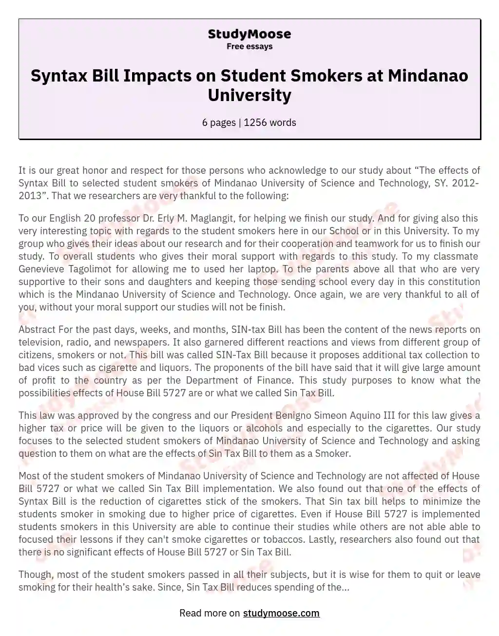 Effects of syntax bill to student smokers of Mindanao University of Science and Technology