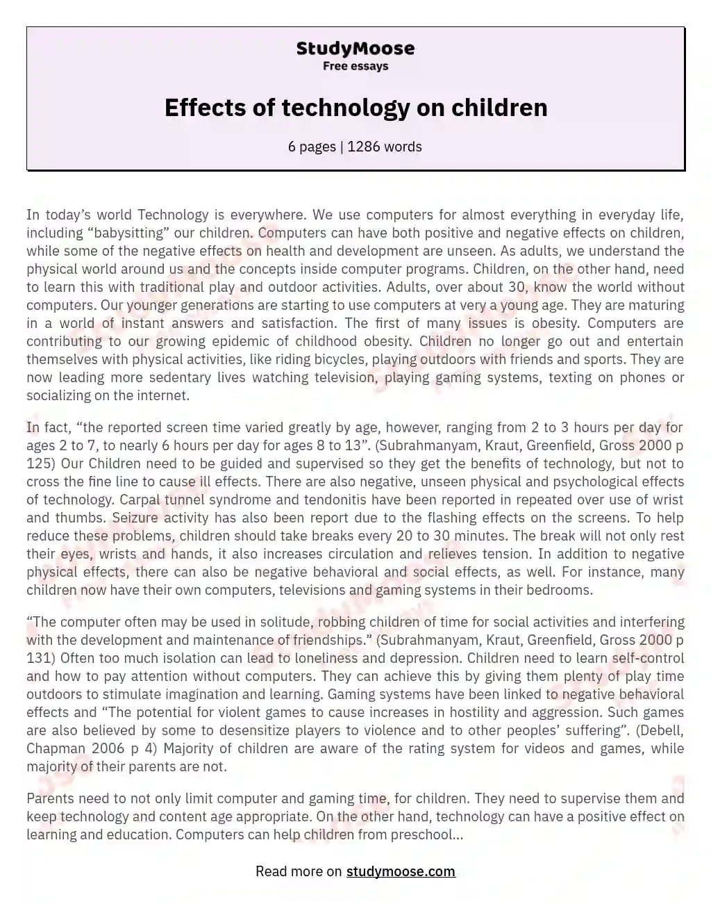 Effects of technology on children essay