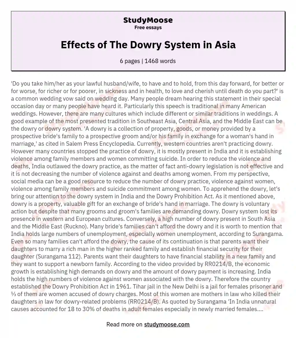 Effects of The Dowry System in Asia essay