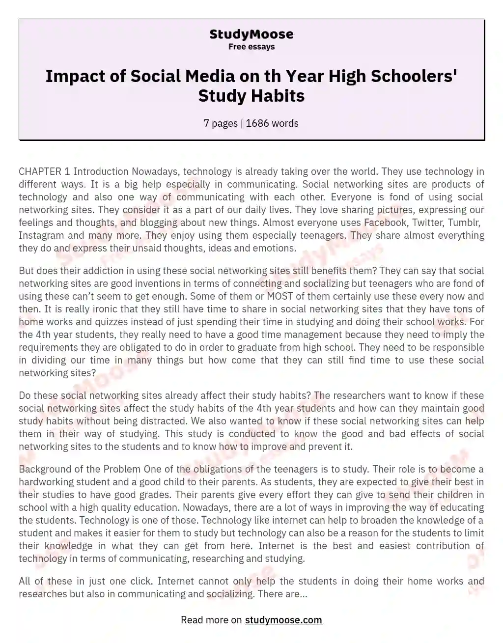 Impact of Social Media on th Year High Schoolers' Study Habits essay