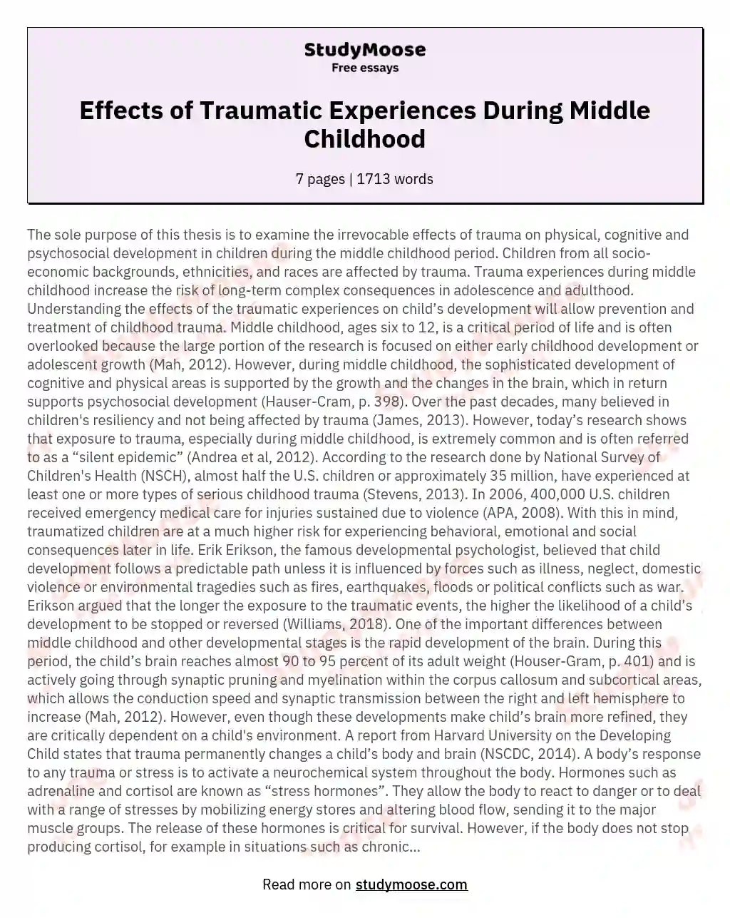 Effects of Traumatic Experiences During Middle Childhood essay