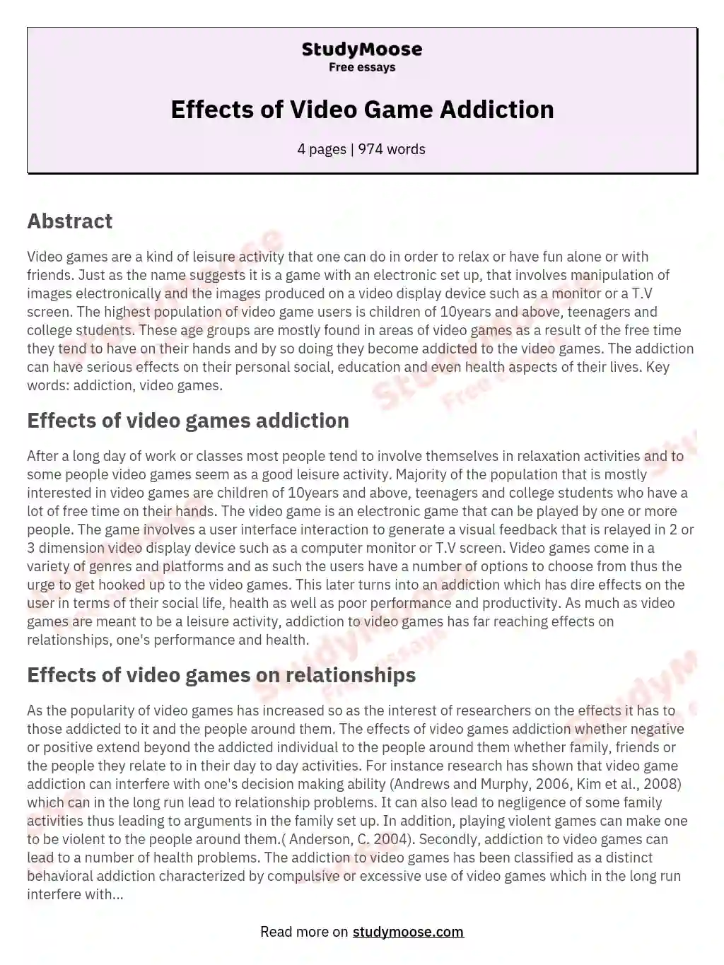 Psychological Effects Of Video Game Addiction Essay