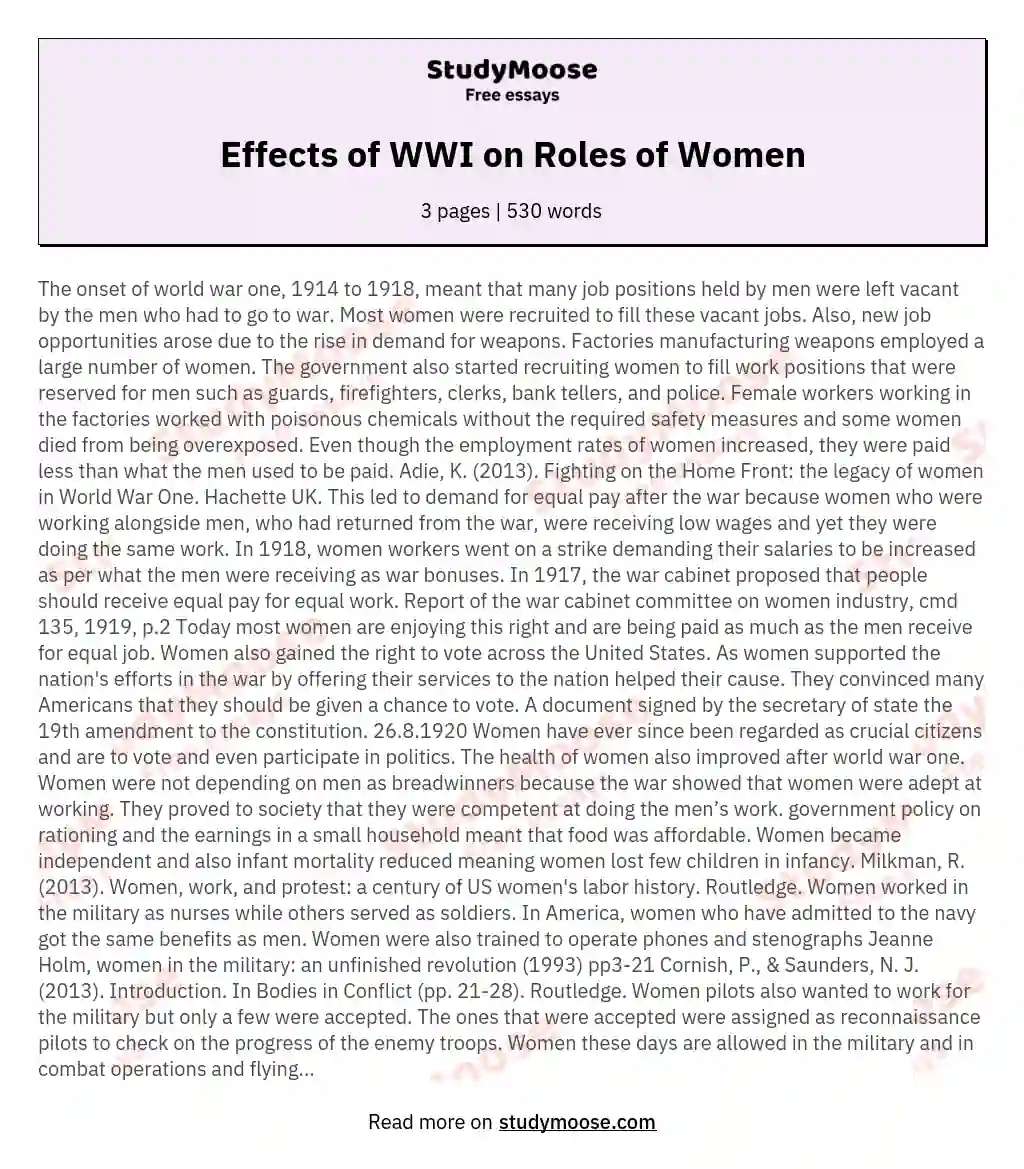 Effects of WWI on Roles of Women