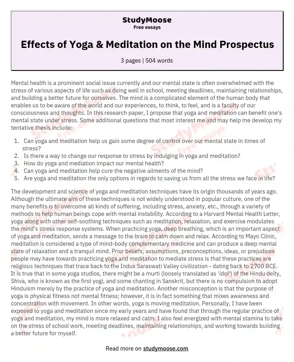 Effects of Yoga & Meditation on the Mind Prospectus essay