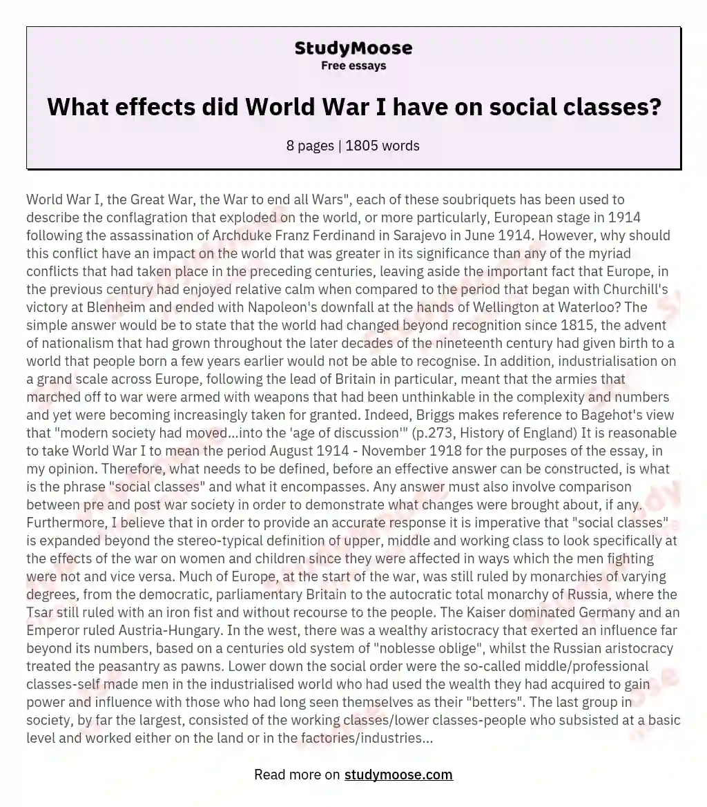 What effects did World War I have on social classes?