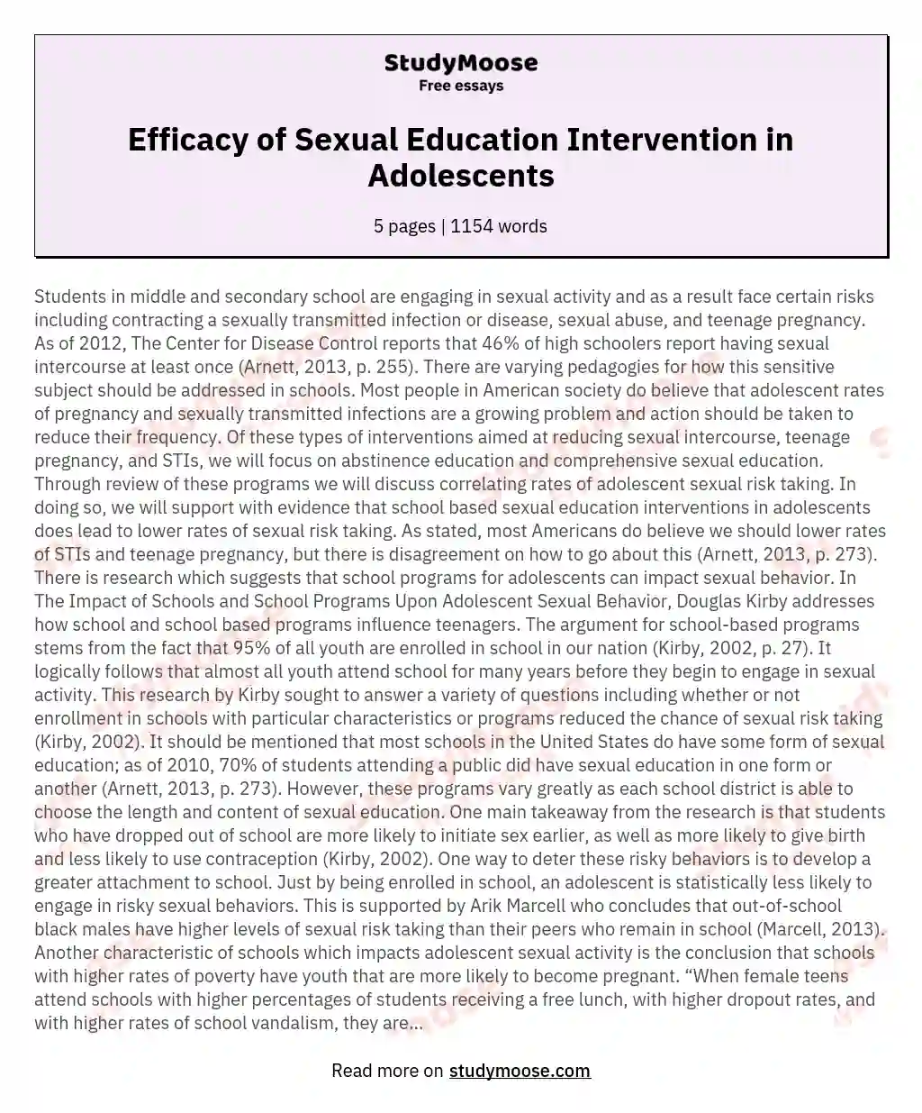 Efficacy of Sexual Education Intervention in Adolescents essay