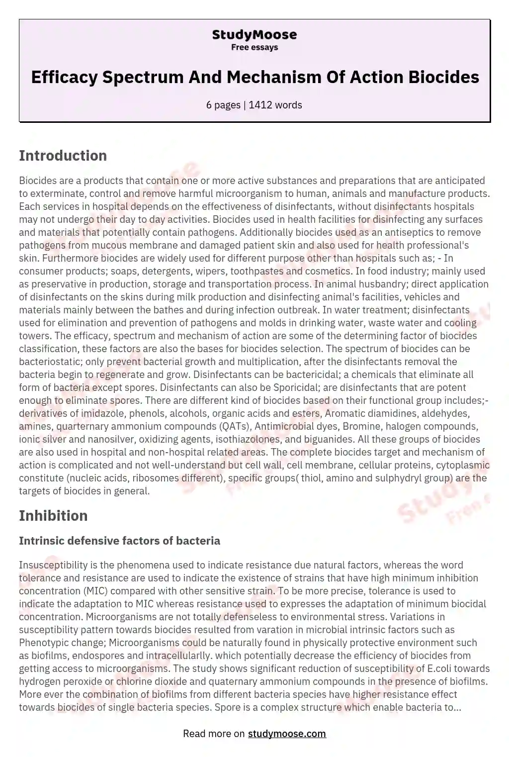 Efficacy Spectrum And Mechanism Of Action Biocides essay