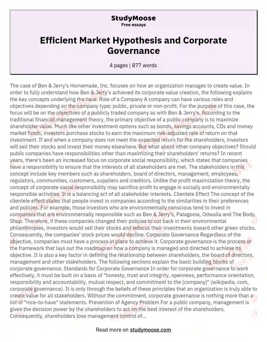 Efficient Market Hypothesis and Corporate Governance essay