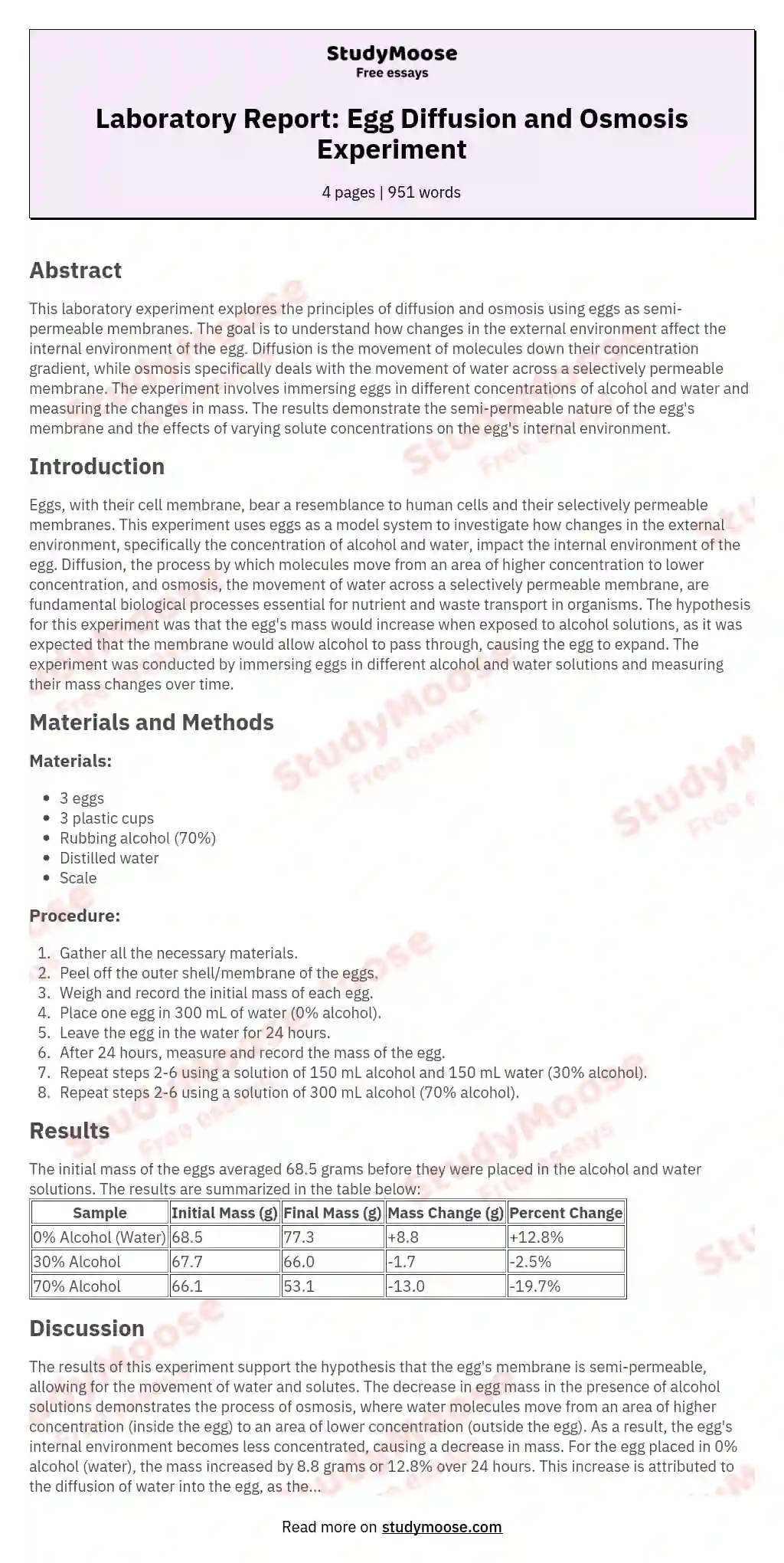 Laboratory Report: Egg Diffusion and Osmosis Experiment essay