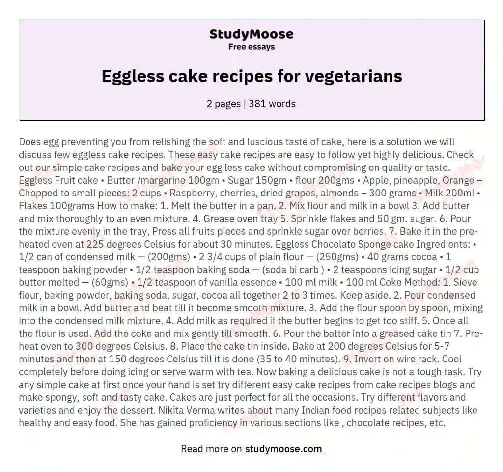 Eggless cake recipes for vegetarians essay