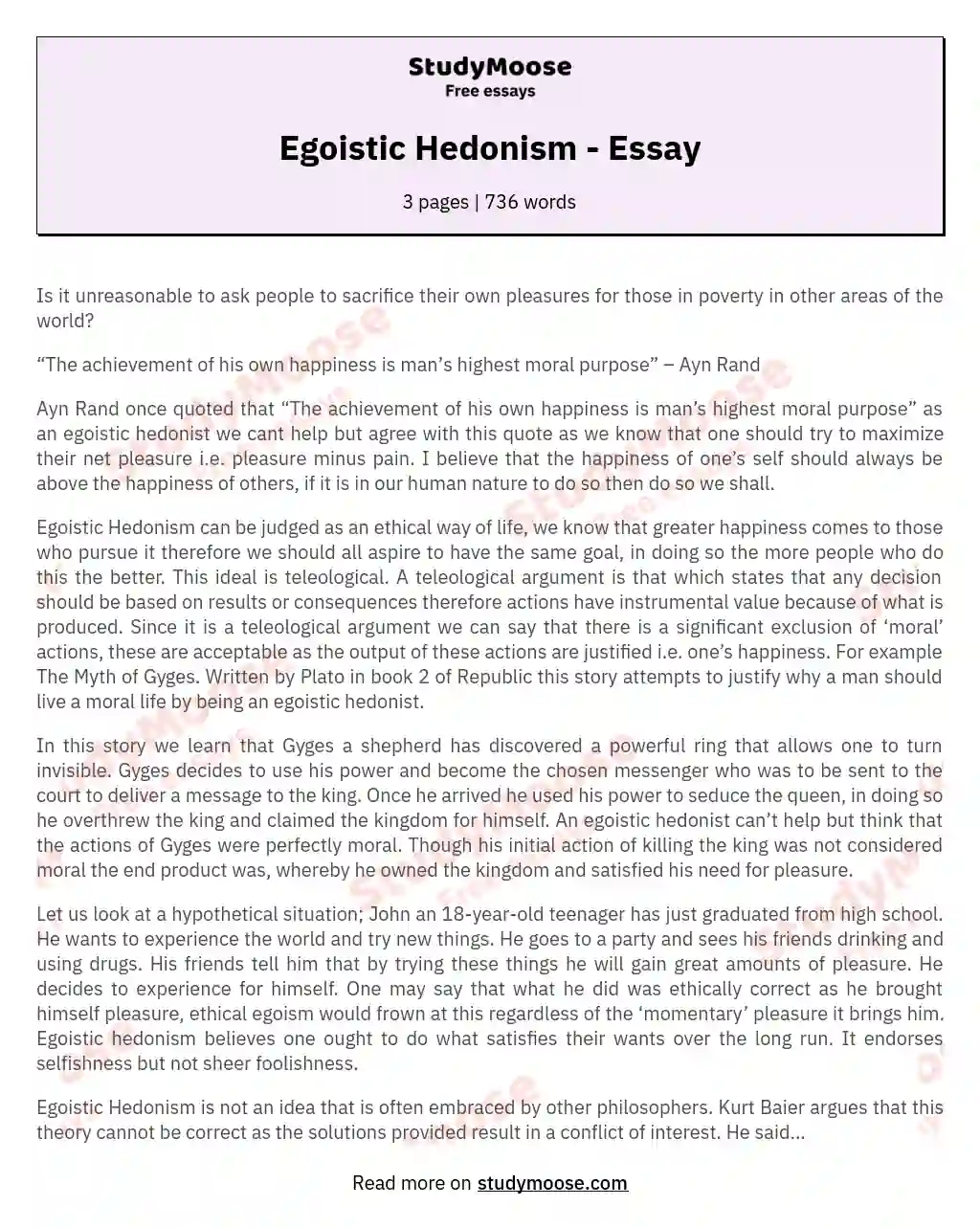 Egoistic Hedonism - Essay essay