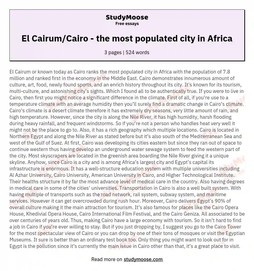 El Cairum/Cairo -  the most populated city in Africa essay