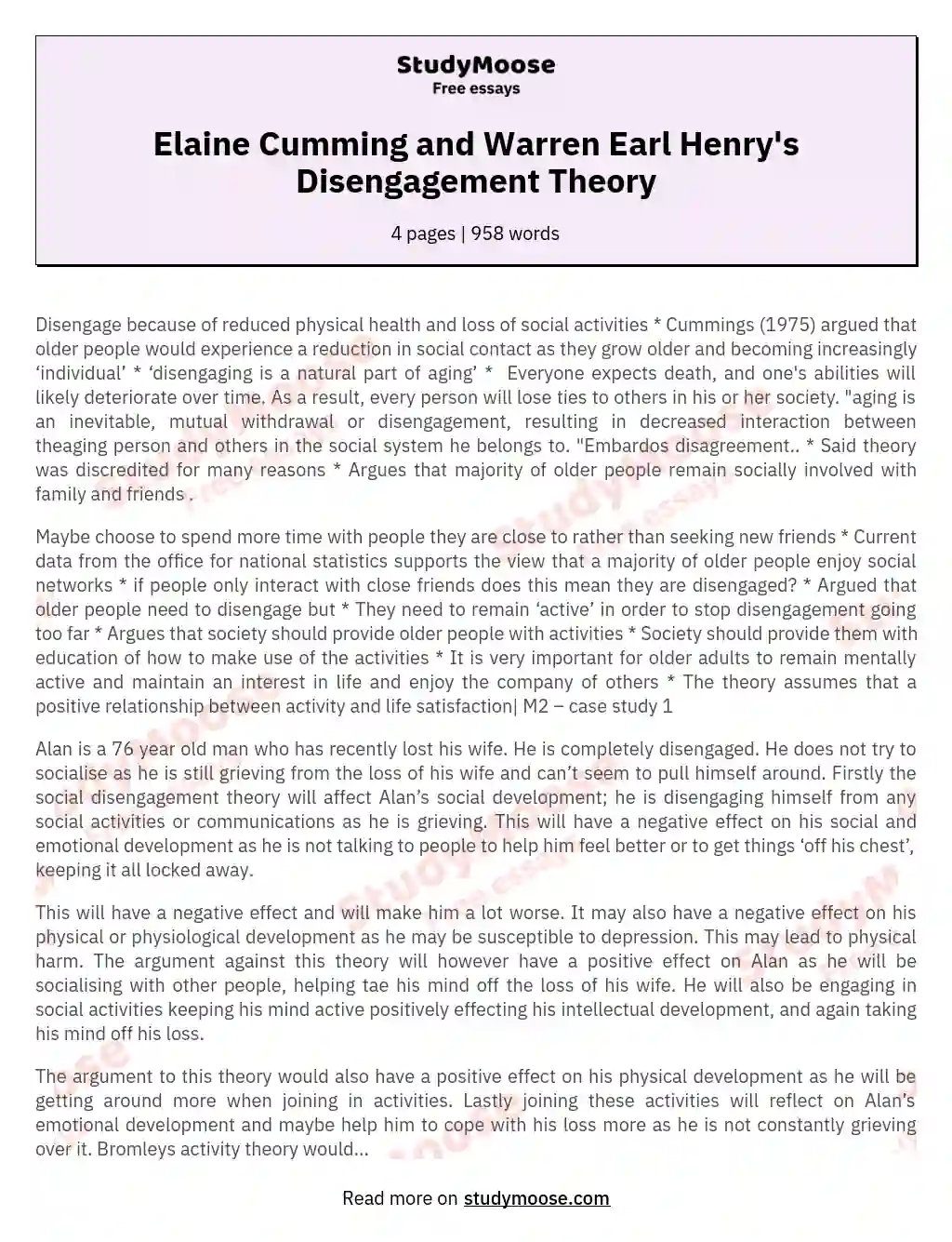 Elaine Cumming and Warren Earl Henry's Disengagement Theory
