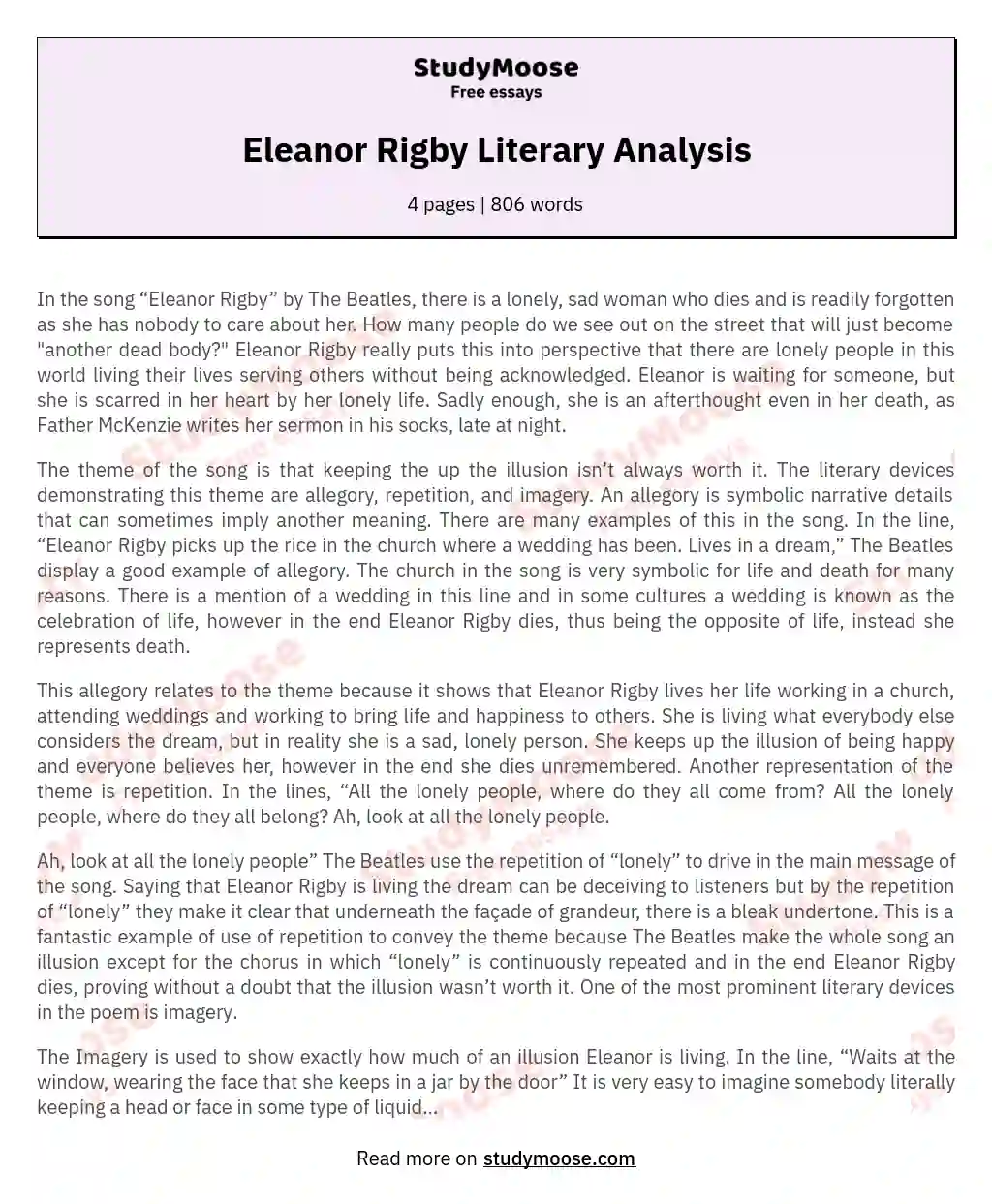 Eleanor Rigby Literary Analysis essay