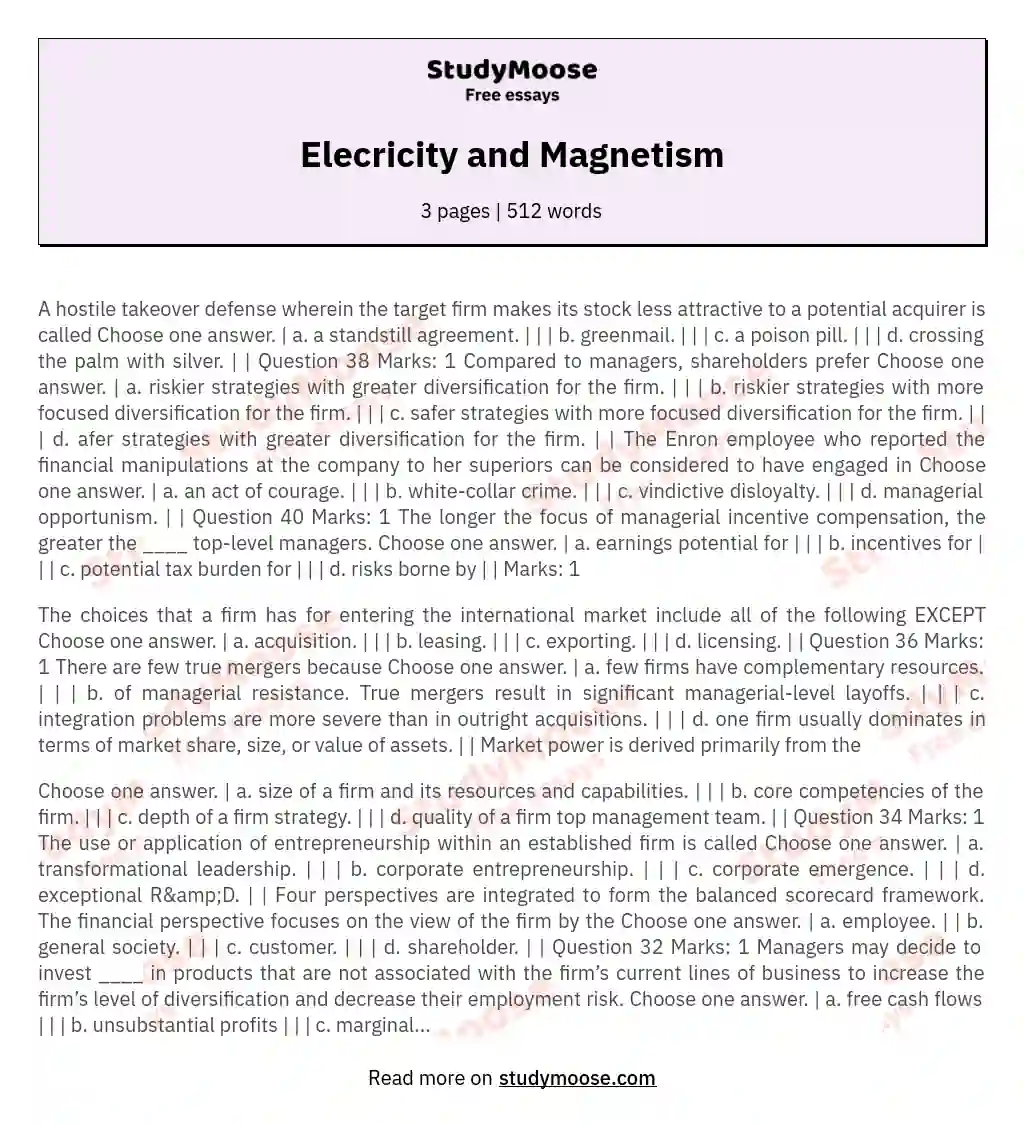 Elecricity and Magnetism essay