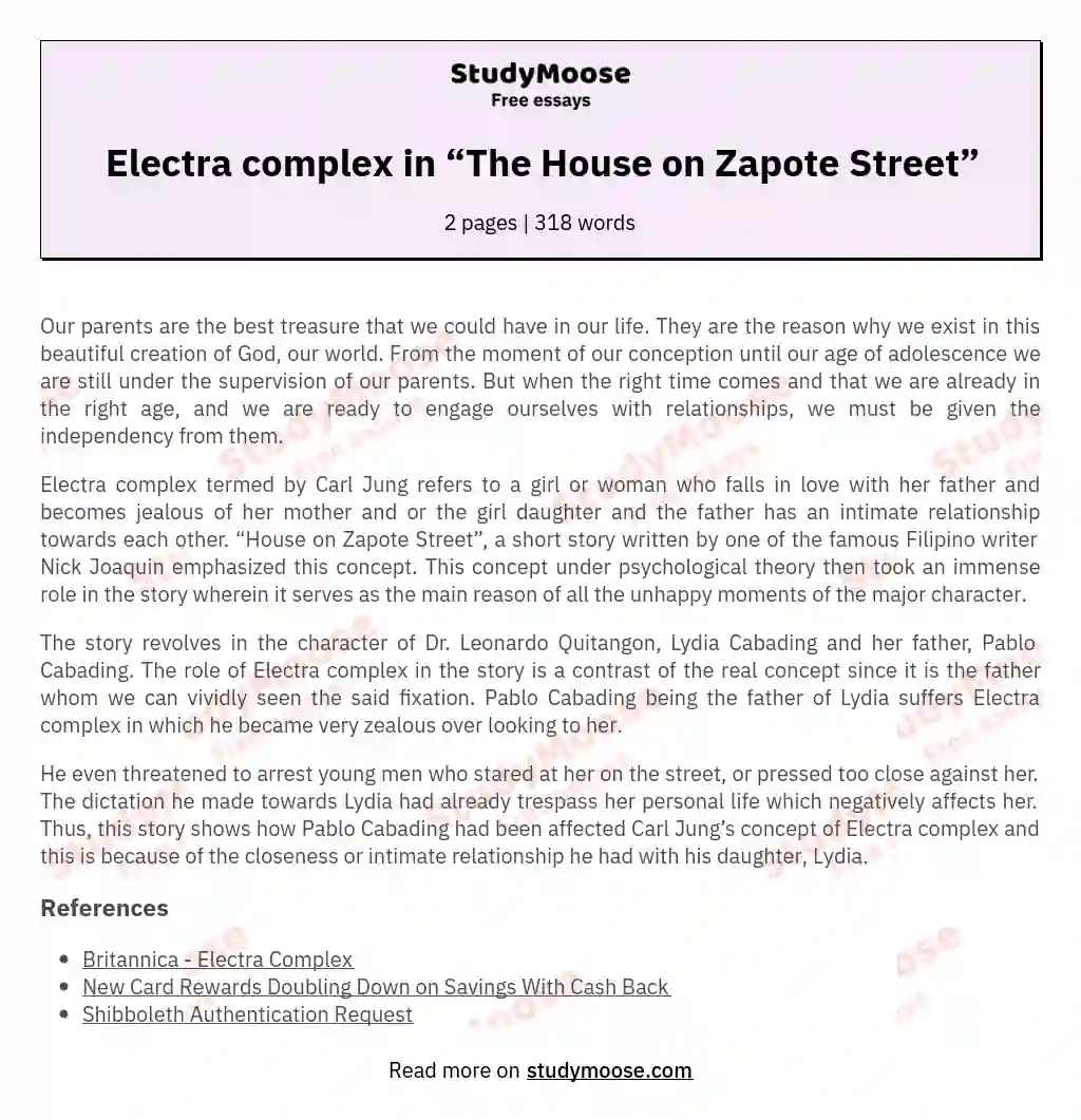 Electra complex in “The House on Zapote Street” essay