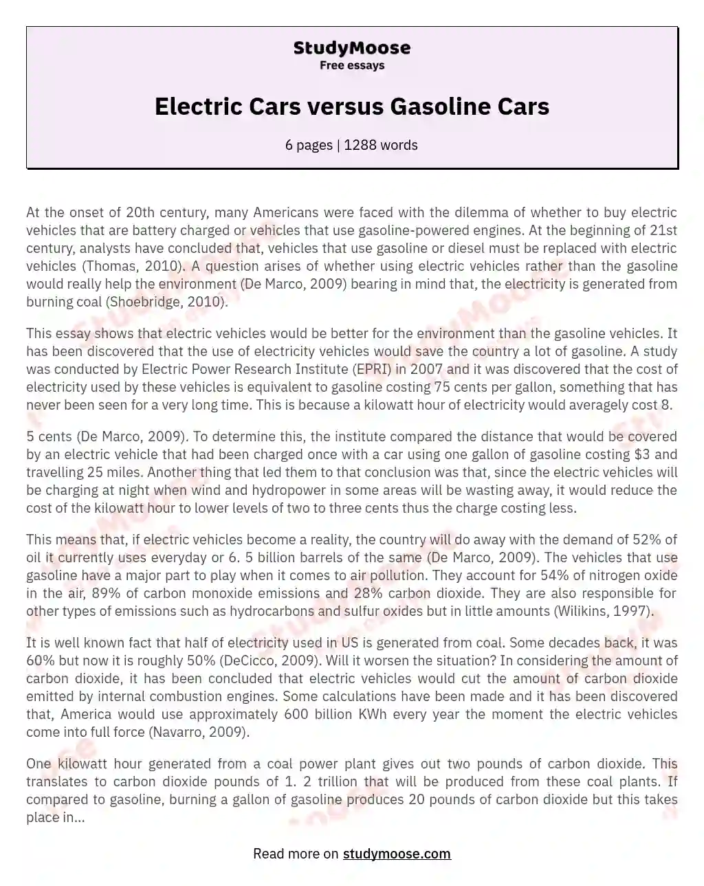 Electric Cars versus Gasoline Cars