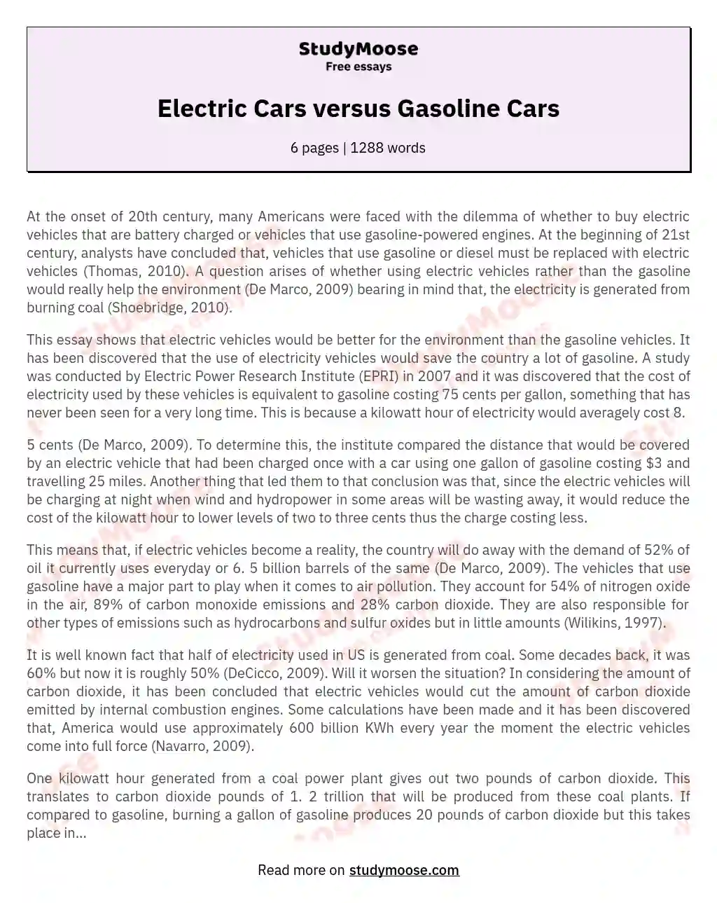 Electric Cars Versus Gasoline Cars An Argumentative Essay Free Essay 
