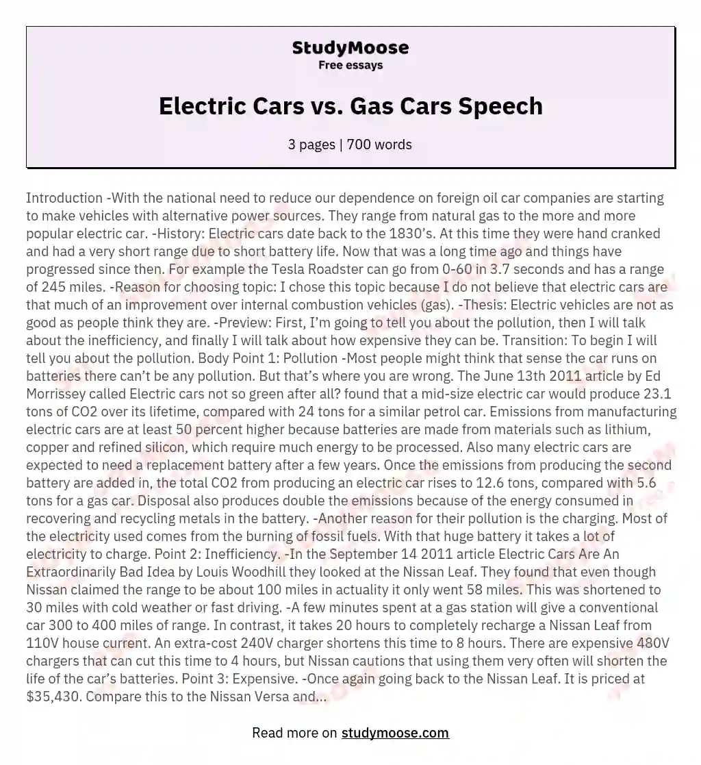Electric Cars vs. Gas Cars Speech essay