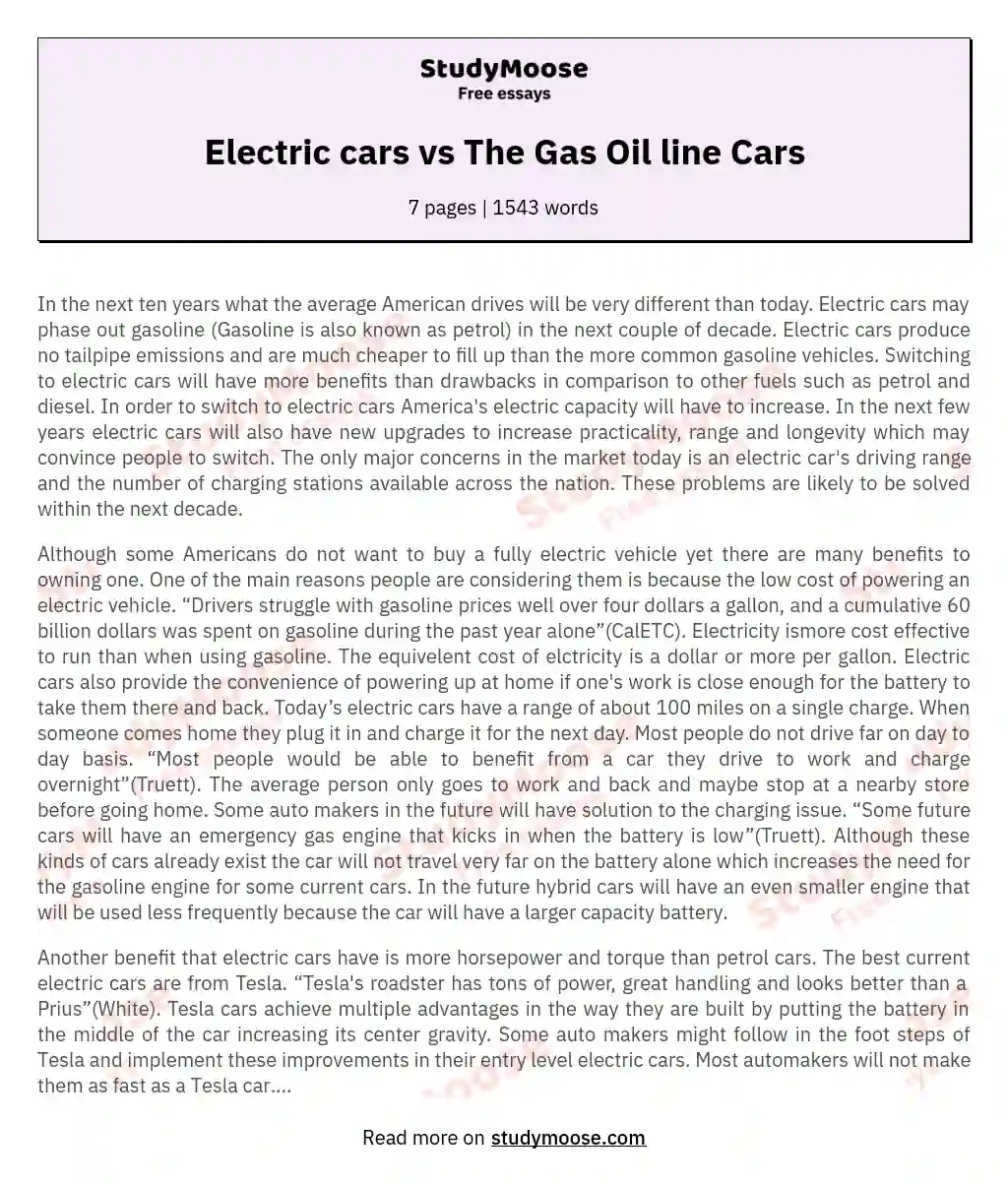 Electric cars vs The Gas Oil line Cars essay