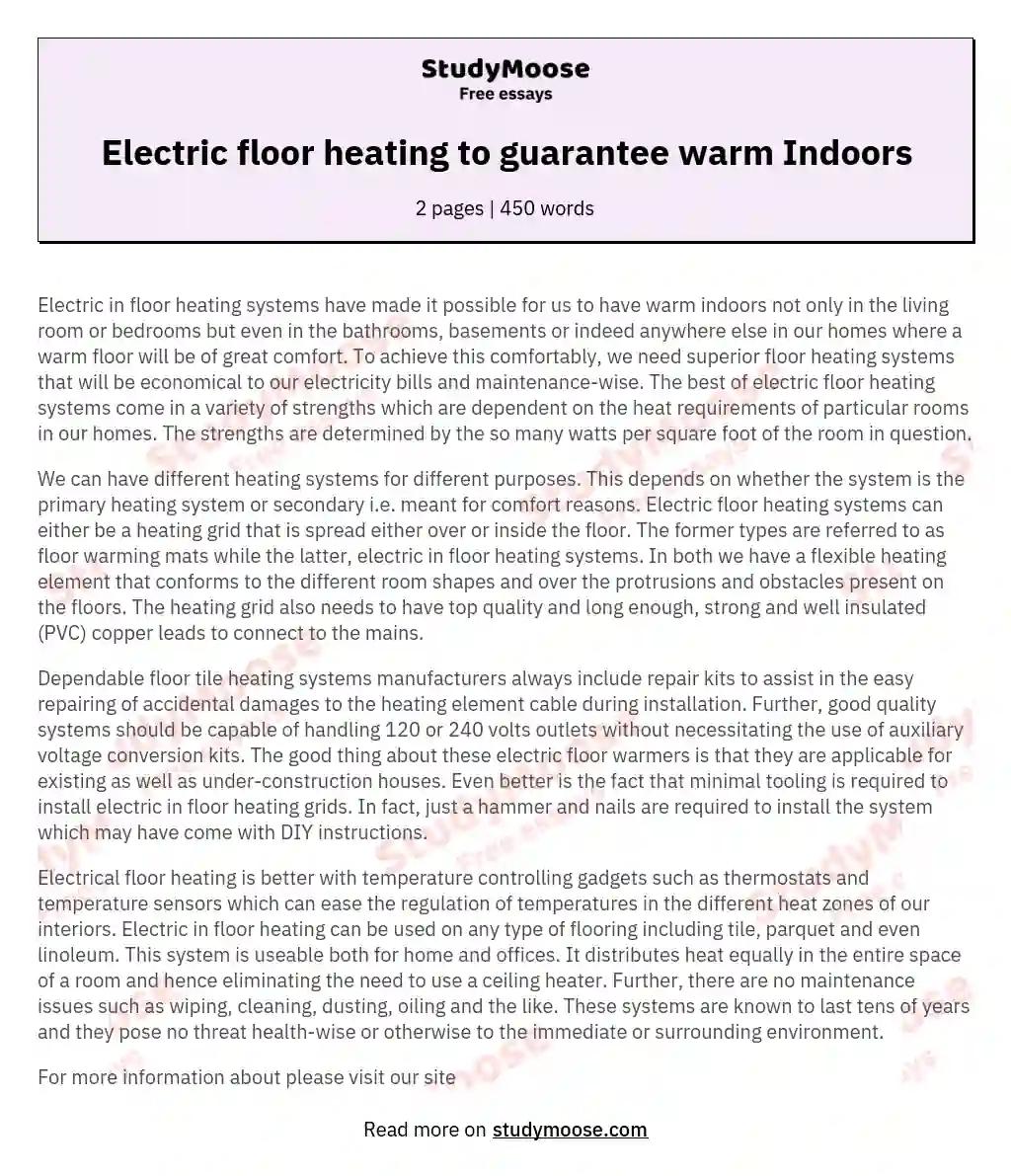 Electric floor heating to guarantee warm Indoors essay