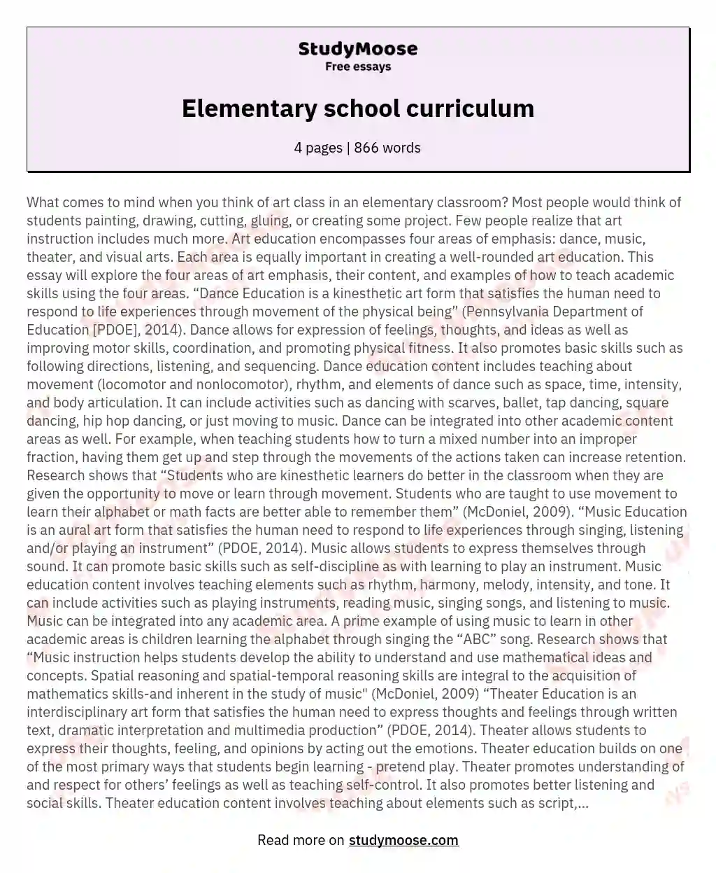 Elementary school curriculum