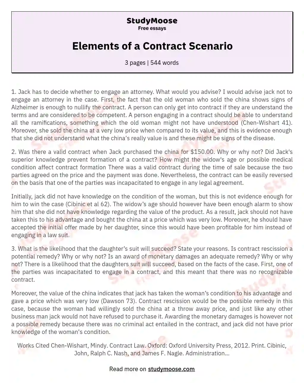 Elements of a Contract Scenario essay