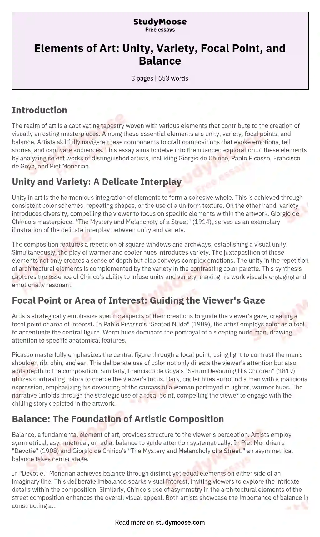 Elements of Art: Unity, Variety, Focal Point, and Balance essay