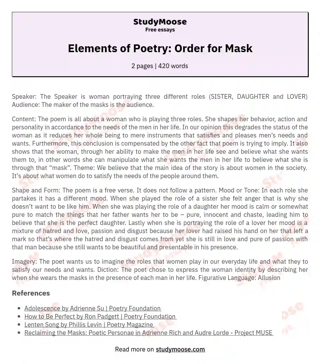 Elements of Poetry: Order for Mask essay
