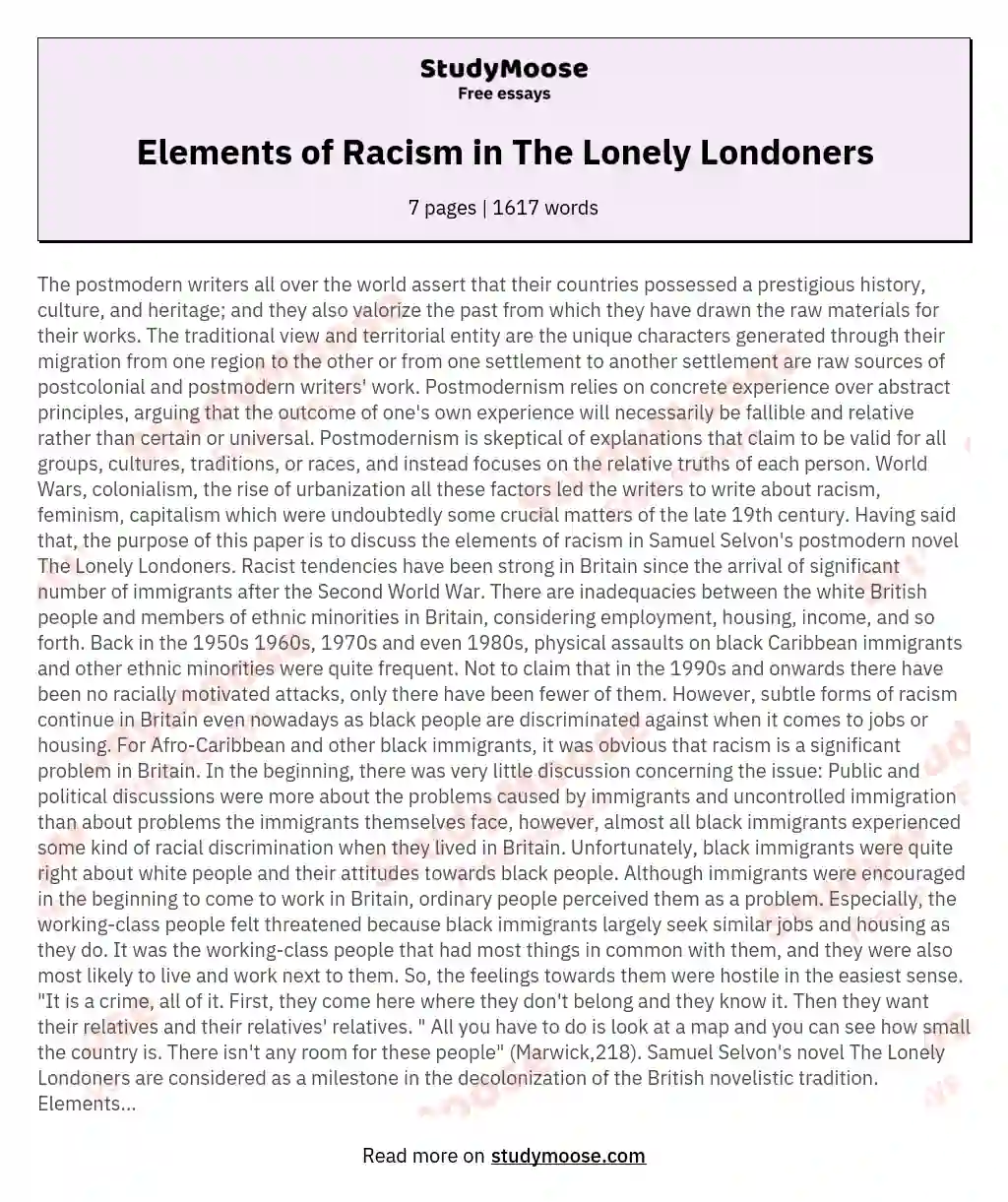 Elements of Racism in The Lonely Londoners essay