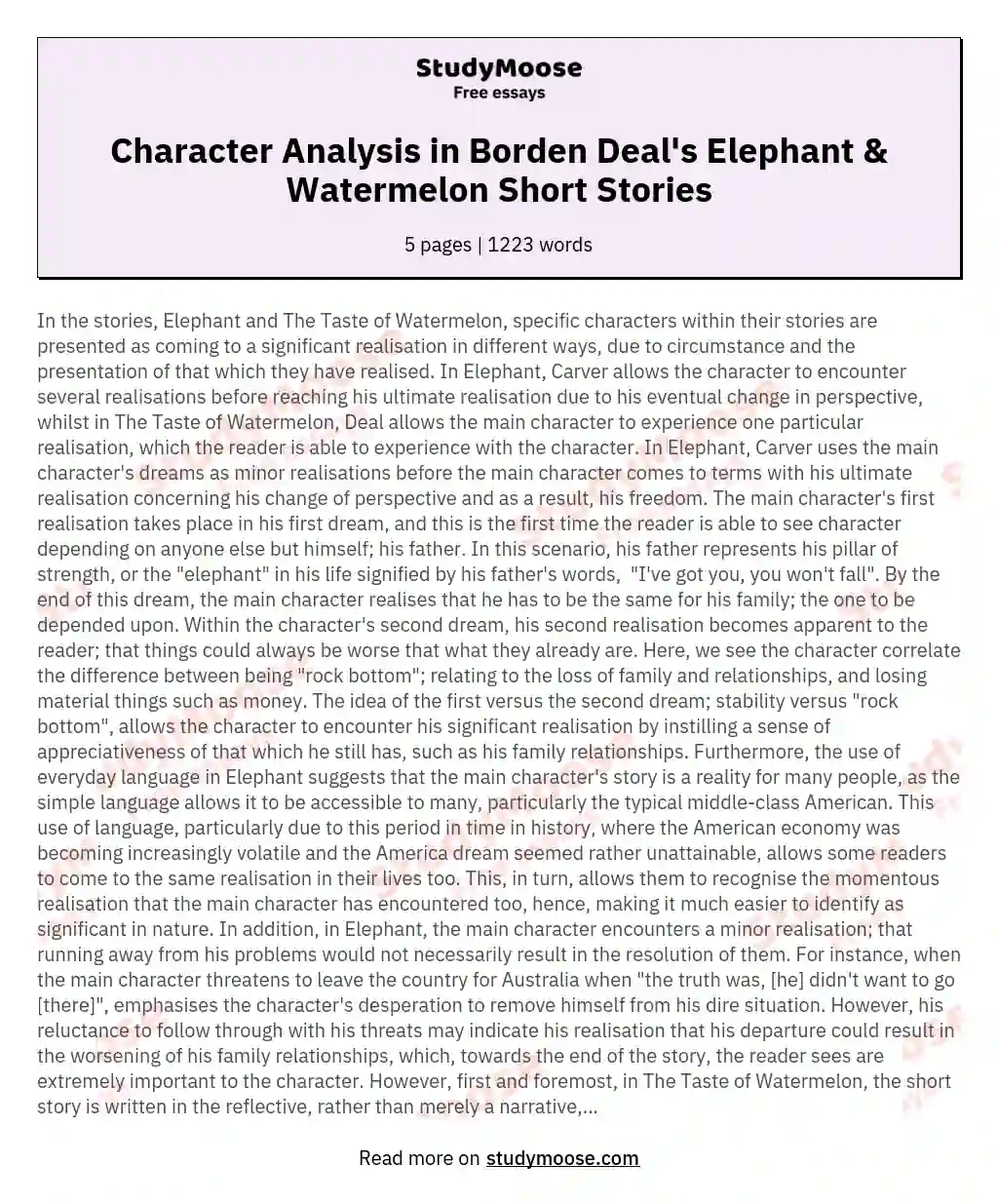 Character Analysis in Borden Deal's Elephant & Watermelon Short Stories essay