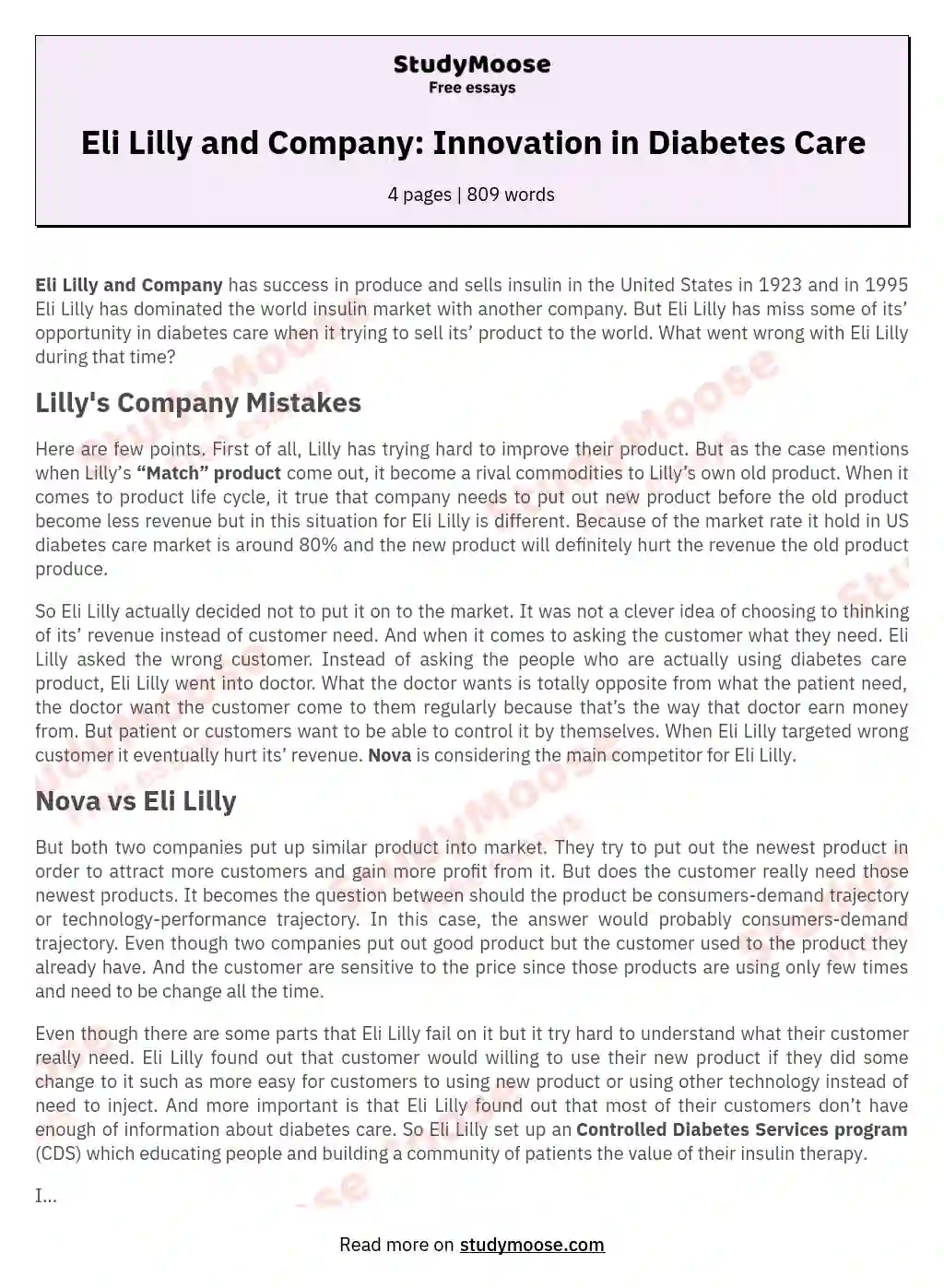 Eli Lilly and Company: Innovation in Diabetes Care essay