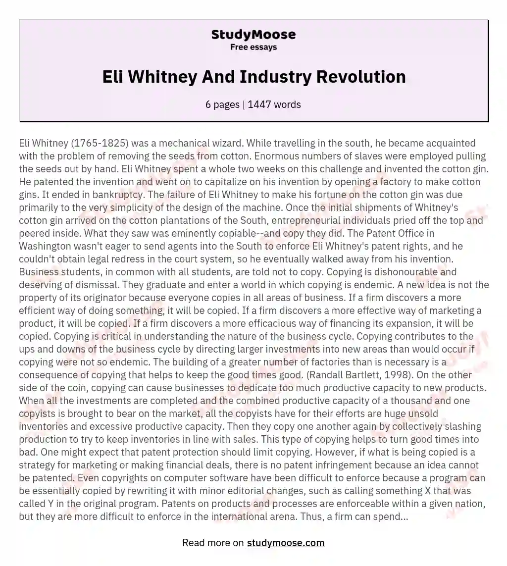Eli Whitney And Industry Revolution essay