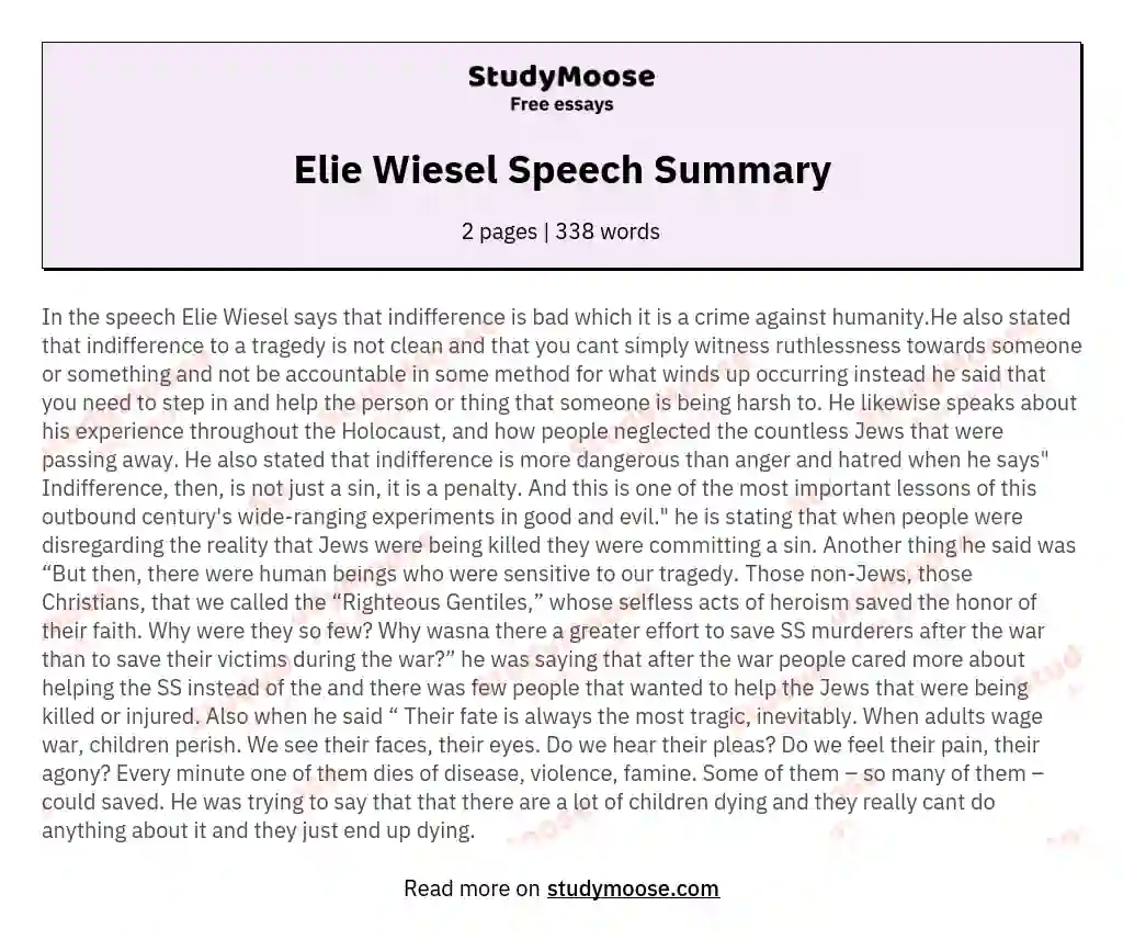 Elie Wiesel Speech Summary