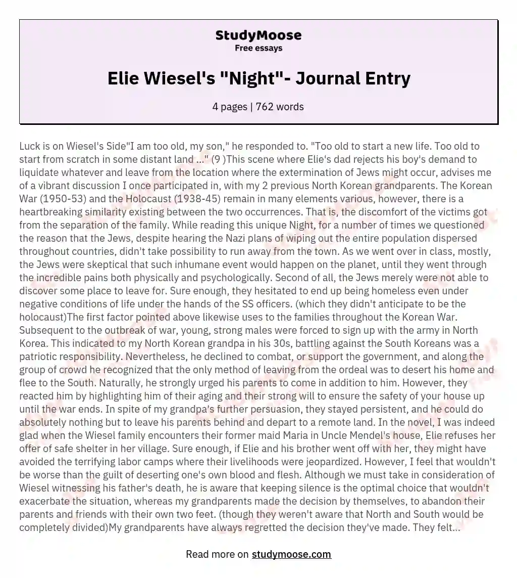 Elie Wiesel's "Night"- Journal Entry