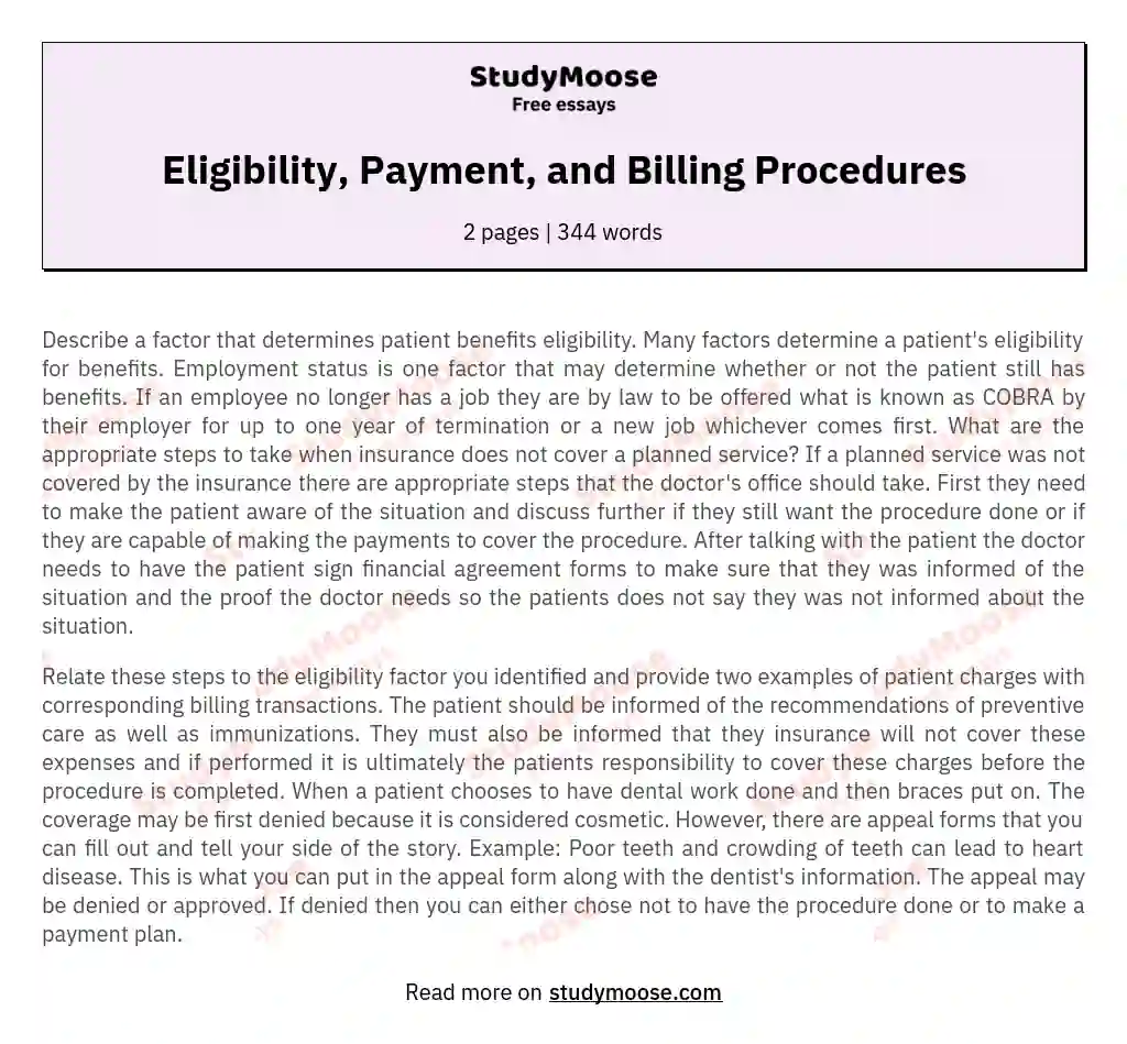 Eligibility, Payment, and Billing Procedures essay