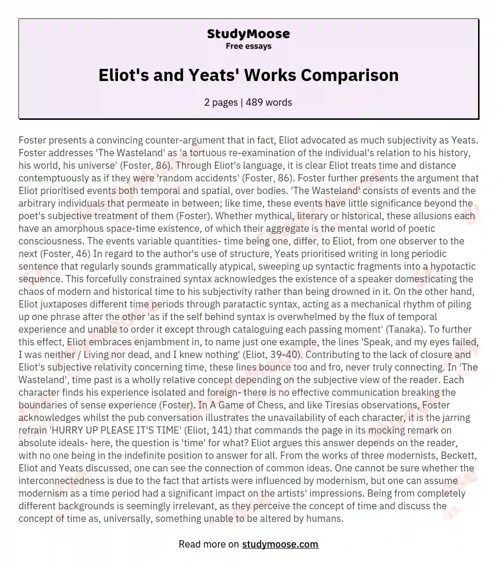 Eliot's and Yeats' Works Comparison essay