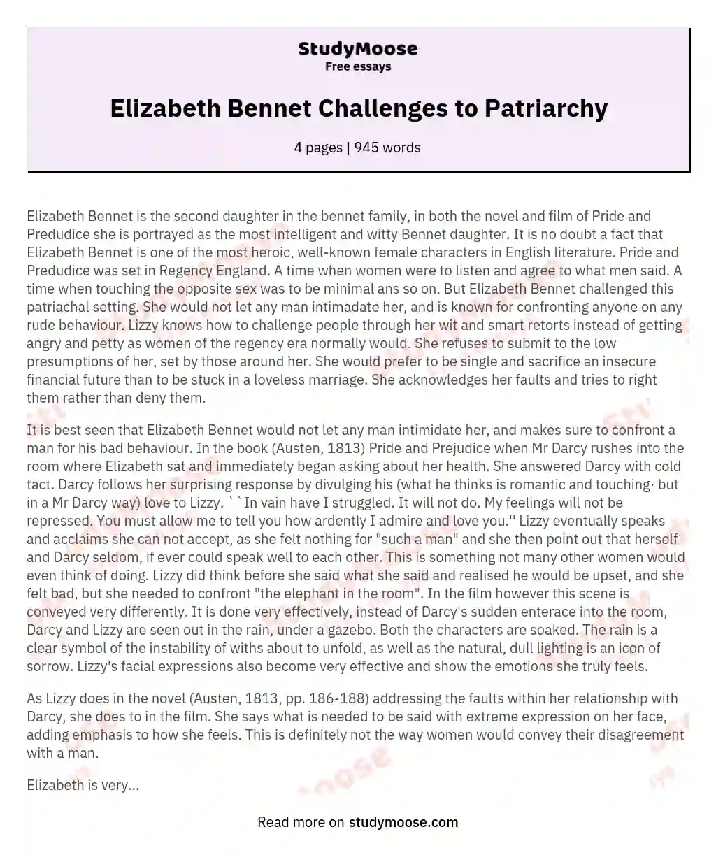 Elizabeth Bennet Challenges to Patriarchy essay
