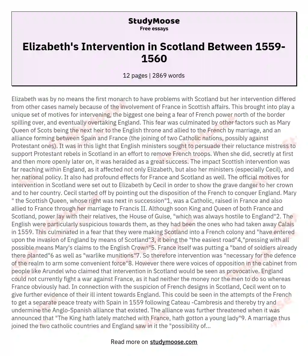 Elizabeth's Intervention in Scotland Between 1559-1560 essay