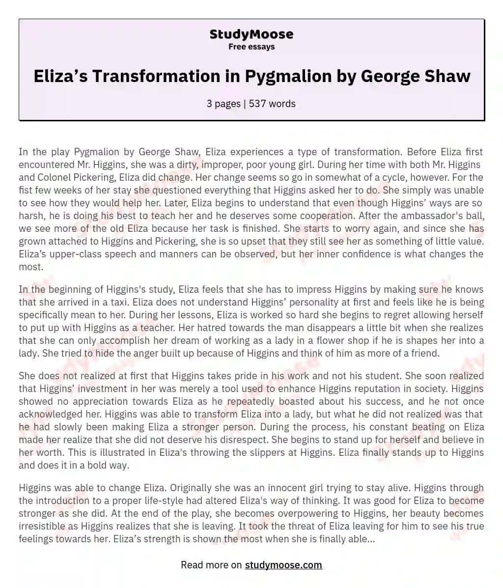 Eliza’s Transformation in Pygmalion by George Shaw essay