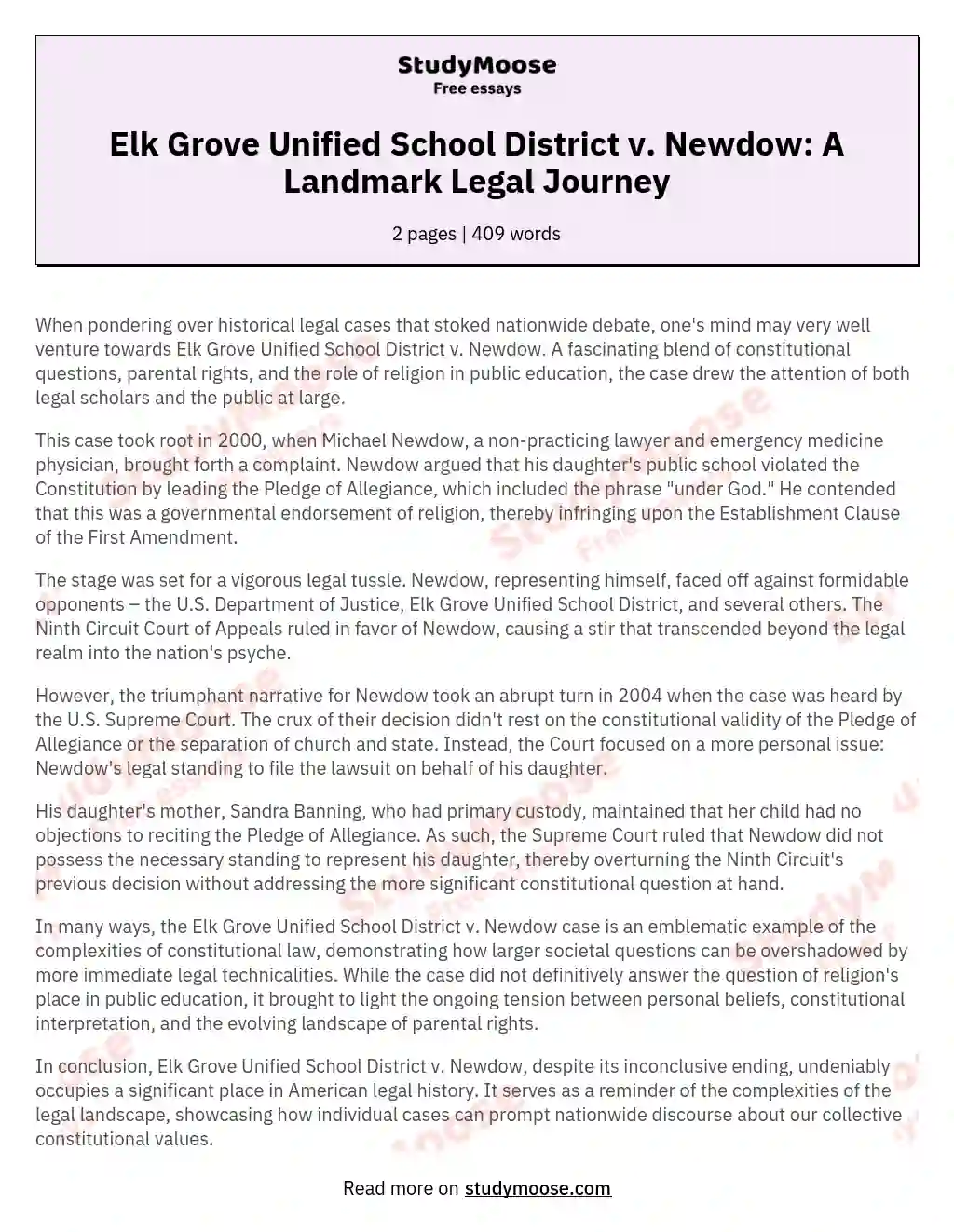 Elk Grove Unified School District v. Newdow: A Landmark Legal Journey essay