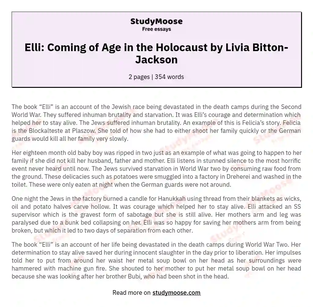 Elli: Coming of Age in the Holocaust by Livia Bitton-Jackson essay