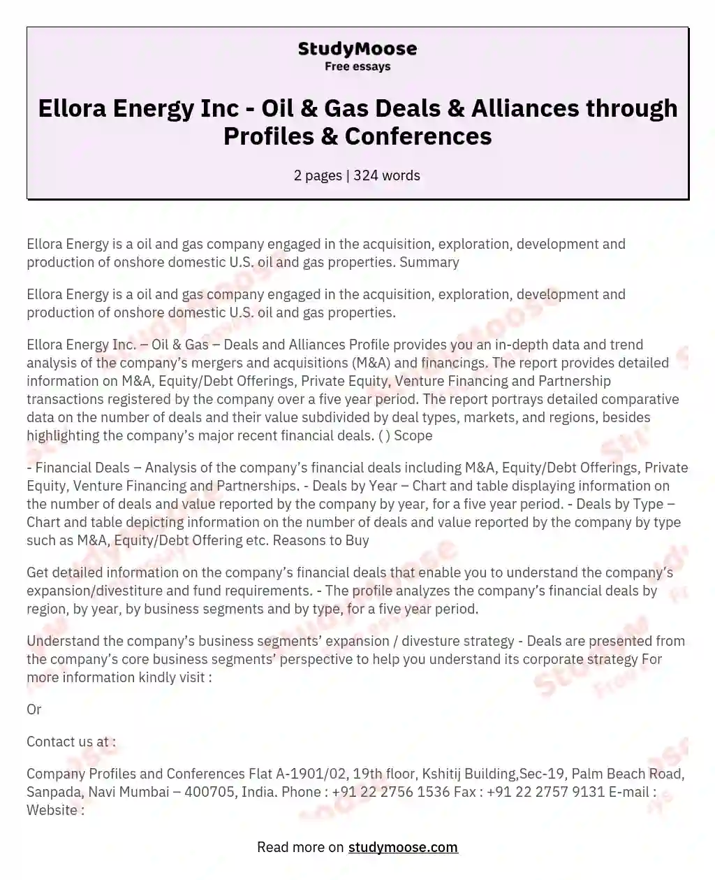 Ellora Energy Inc. – Oil & Gas – Deals and Alliances Profile through company profiles and conferences