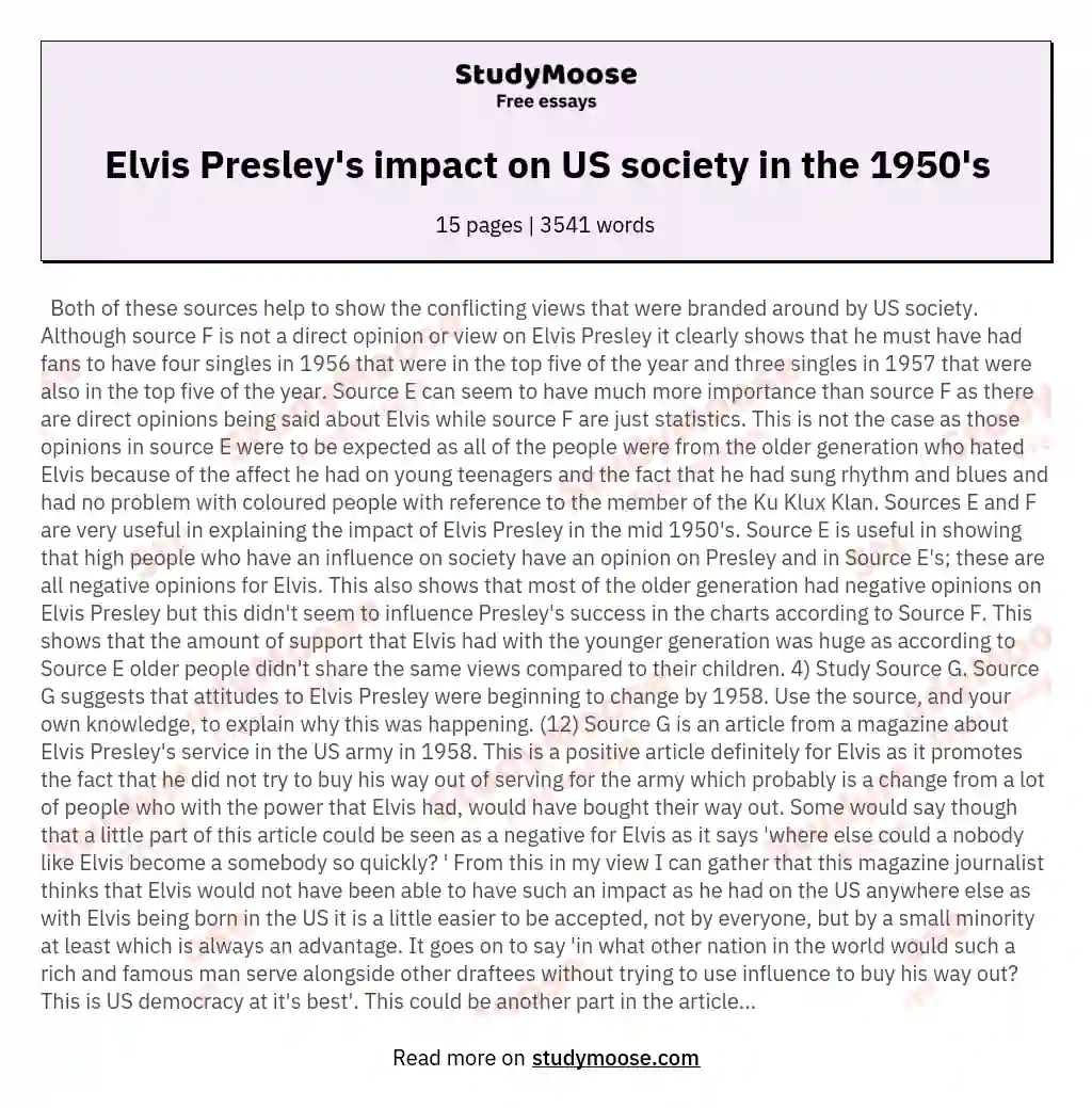Elvis Presley's impact on US society in the 1950's essay