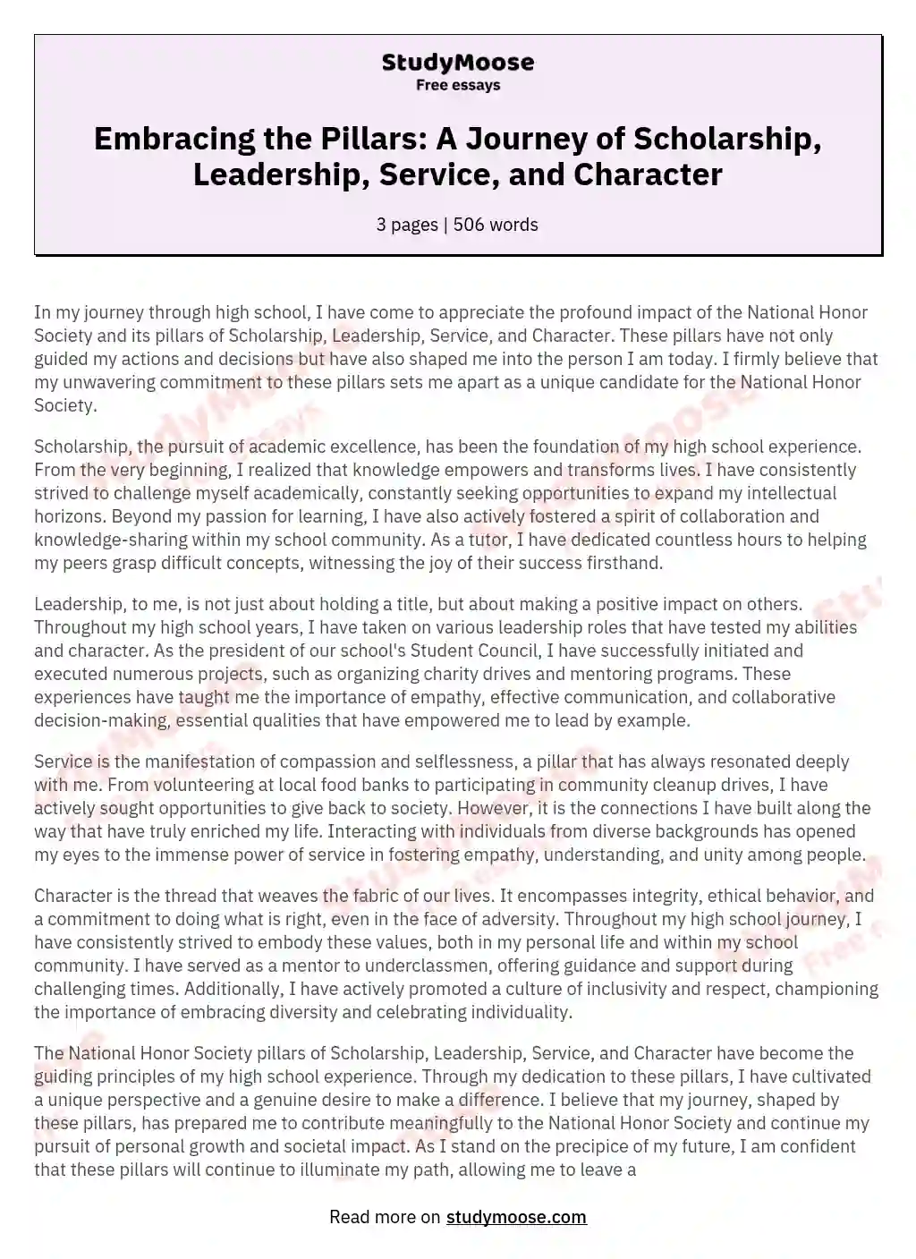 essay on scholarship leadership service and character