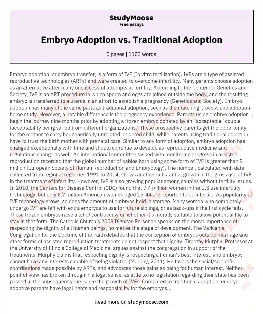 Embryo Adoption vs. Traditional Adoption essay