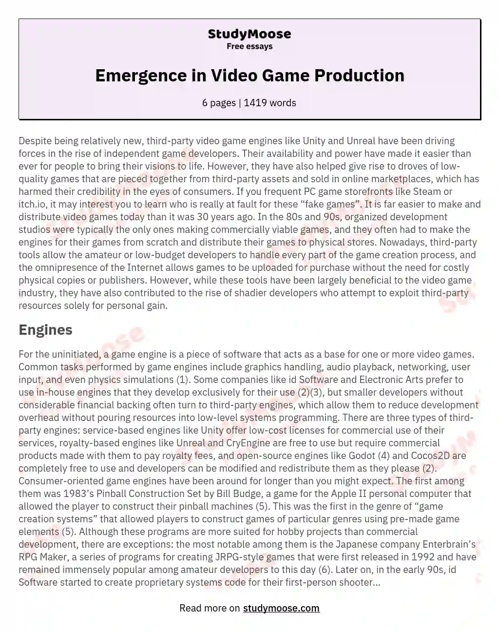 Emergence in Video Game Production essay