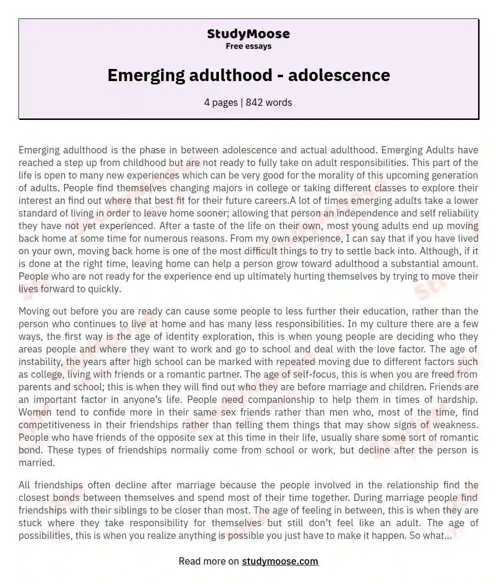 Emerging adulthood - adolescence essay