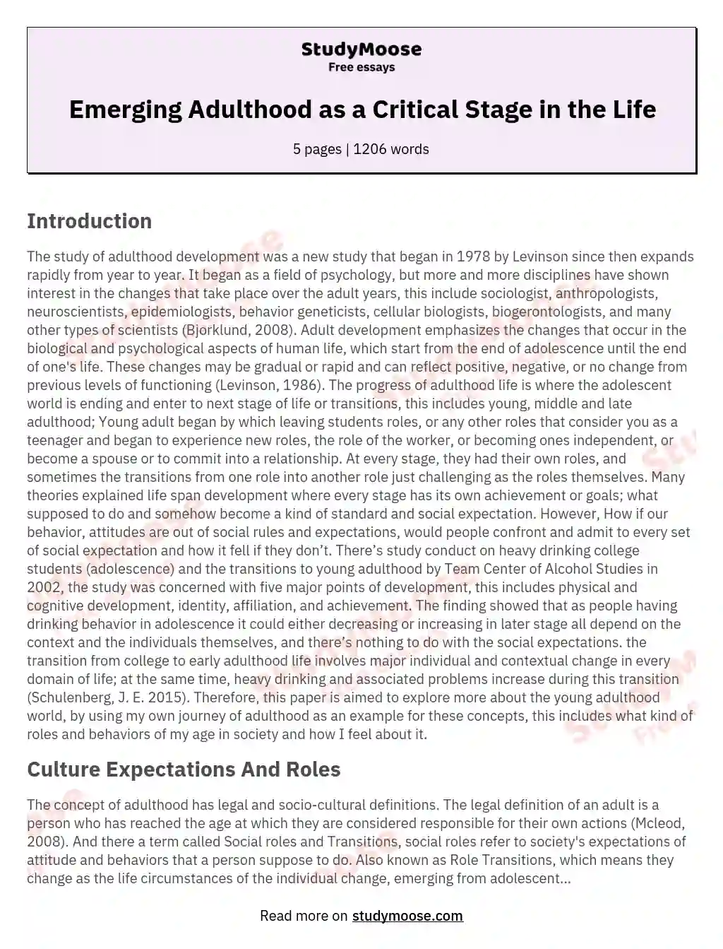 Emerging Adulthood as a Critical Stage in the Life essay