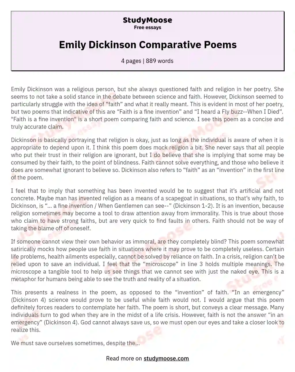 Emily Dickinson Comparative Poems